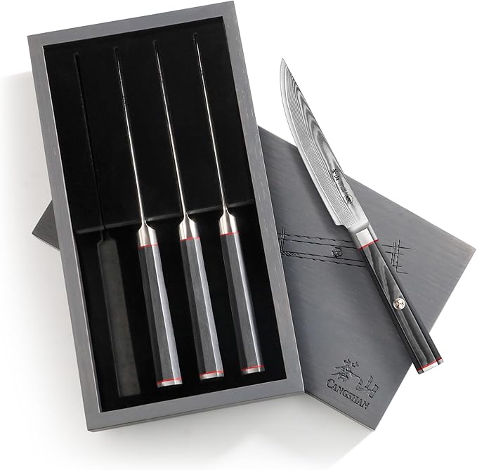 Cangshan YARI Series 4-Piece Fine Edge Steak Knife Set with Ash Wood Box, X-7 Damascus Steel