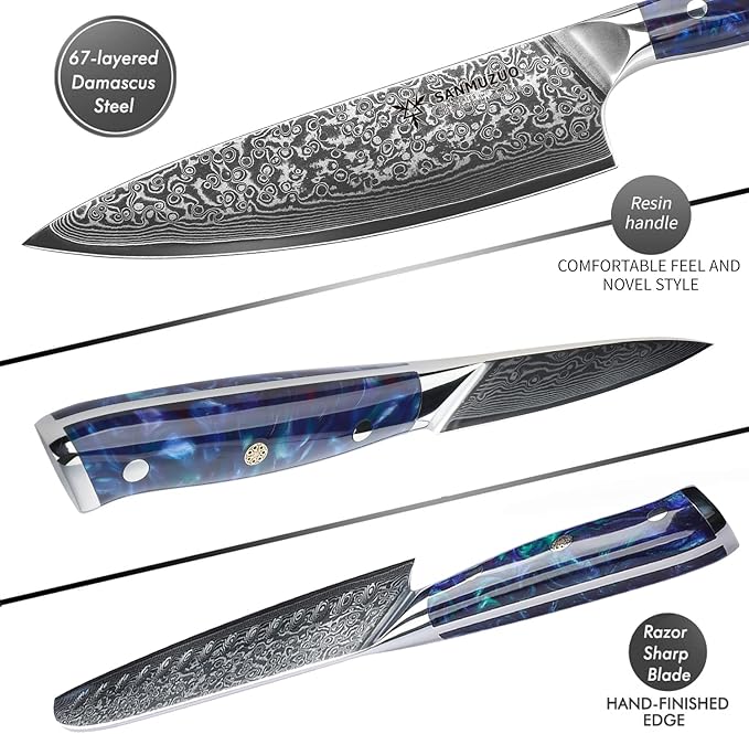 Chef Cooking Knives Set- Kitchen Knife Set of 5 Piece - Ultra-Sharp VG10 Damascus Steel & Resin Handle - Xuan Series (Sapphire Blue)