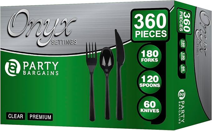 Party Bargains Disposable Cutlery set, Onyx Design, 360 Pieces: 180 Forks, 120 Spoons, 60 Knives