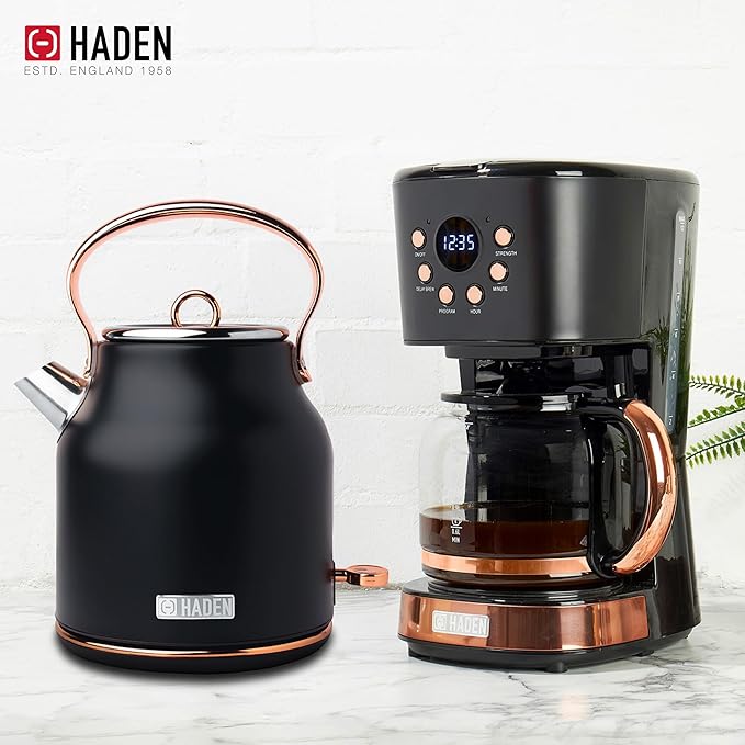 HADEN Heritage 1.7 Liter Stainless Steel Electric Kettle Bundled with 12 Cup Drip Coffee Maker, Coffee Machine with Auto Shut-Off, Black & Copper