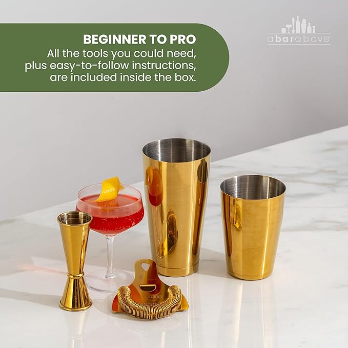 A Bar Above 4-Piece Cocktail Shaker Set, for Professional and Home Bar, Premium Bar Kit Gifts, Includes Strainer, Japanese Jigger, and Boston Shaker Set