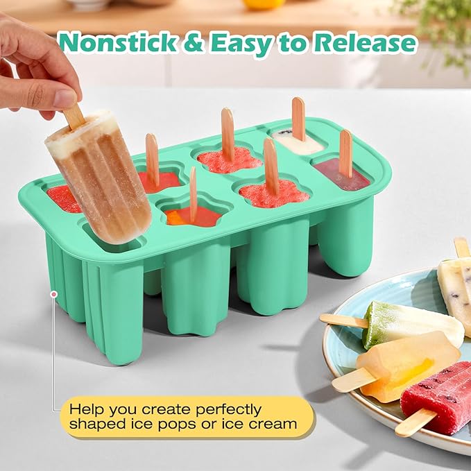 Popsicles Molds, 8-Cavity Silicone Popsicle Molds with 50 Sticks, BPA-Free Ice Pop Mold Popsicle Maker with Funnel & Cleaning Brush for Kids Adult Teens