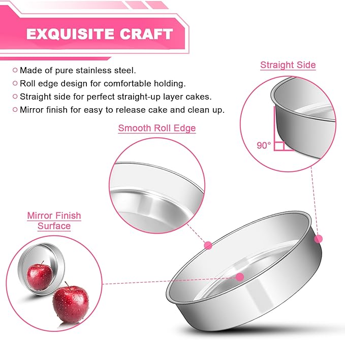 8 Inch Cake Pan Set of 2, Stainless Steel Round Layer Cake Baking Pans Tins, Non-Toxic & Healthy, Leak-proof & Easy Clean & Dishwasher Safe