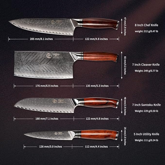 YARENH Knife Set with Magnetic Block 5 Piece, Professional Kitchen Knife Set, 73 Layers Damascus High Carbon Stainless Steel, Natural Sandalwood Handle, Sharp Chef Knife