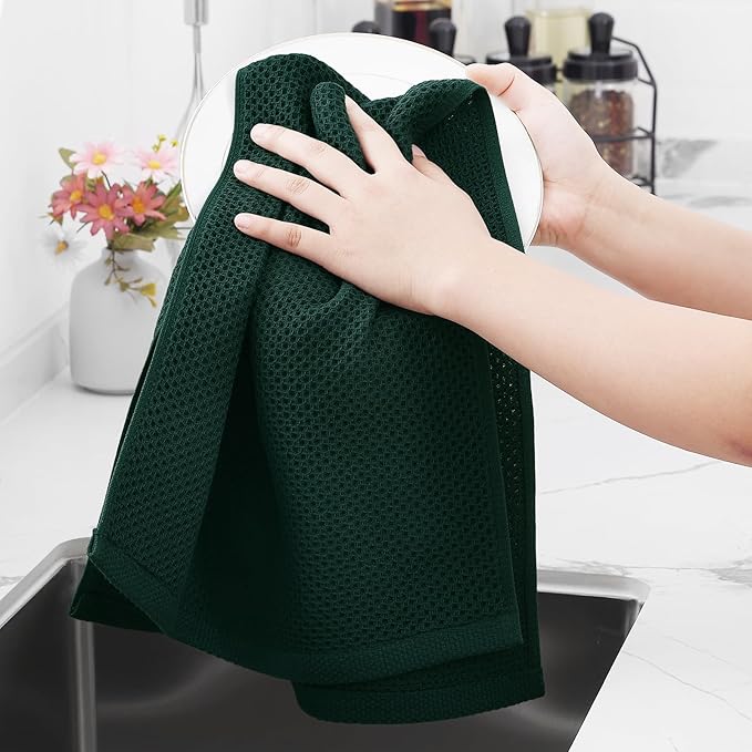 Homaxy 100% Cotton Waffle Weave Kitchen Dish Towels, Ultra Soft Absorbent Quick Drying Cleaning Towel, 13 x 28 Inches, 4-Pack, Blackish Green