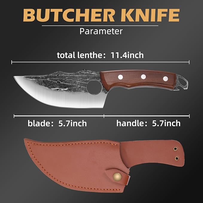 Chef Knife Kitchen Knives Japanese Butcher Knife Meat Cleaver, High Carbon Steel Hand Forged Full Tang Viking Knives with Sheath for Camping, Outdoor, BBQ, Home
