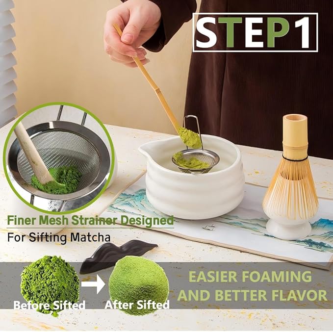 Matcha Whisk Holder Matcha Chasen Whisk Stand Ceramic Holder fit for Traditional Japanese Tea Ceremony Starter Matcha Tools Matcha Bowl (Silver sifter Bamboo scoop)