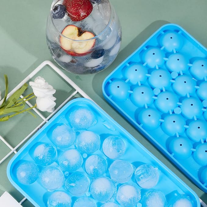 Round Ice Cube Tray 2 Pack BPA Free Silicone Flexible Easy Release 1.1 Inch x 50PCS Small Ice Ball Maker Mold for Whiskey, Cocktail, Chilling (Blue)