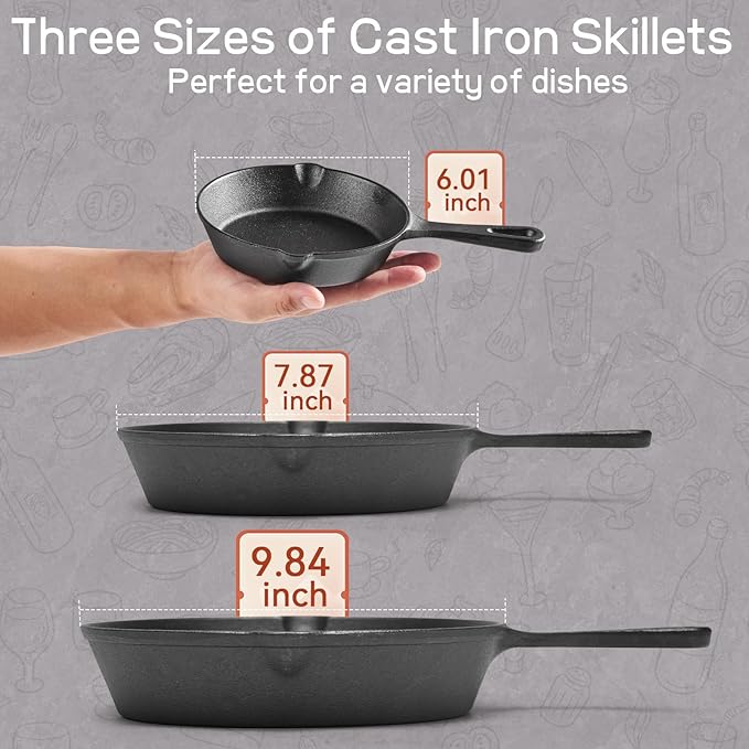 WANGYUANJI Heavy-Duty Cast Iron Skillet Set – Durable Frying Pans for Stove, Oven, Grill & Campfire, Easy to Use and Clean, Black(5.91inch,7.87inch,10.04inch)