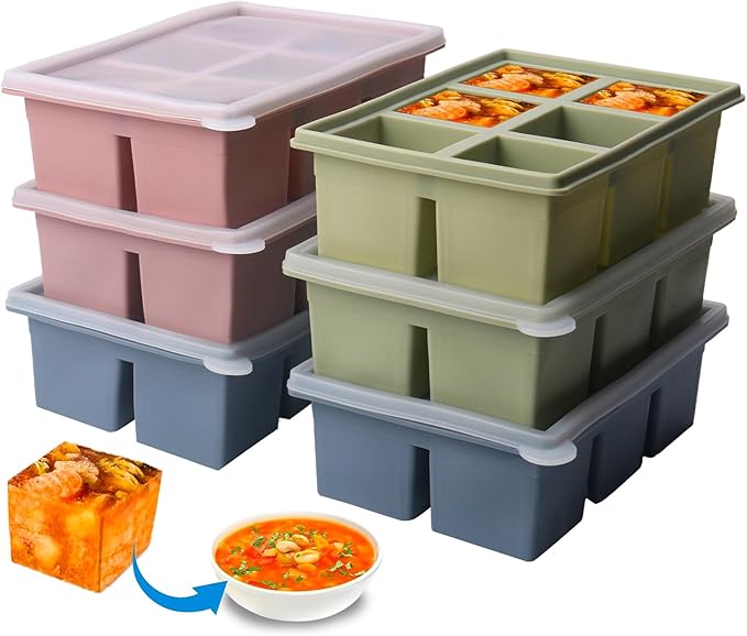 1/2 Cup Silicone Freezer Tray With Lid,Silicone Freezer Molds 6-Pack For meal prep & freezing of various sauces and other dishes, makes 36 perfect 1/2 cup portions cubes (Multicolor 6 Pack)