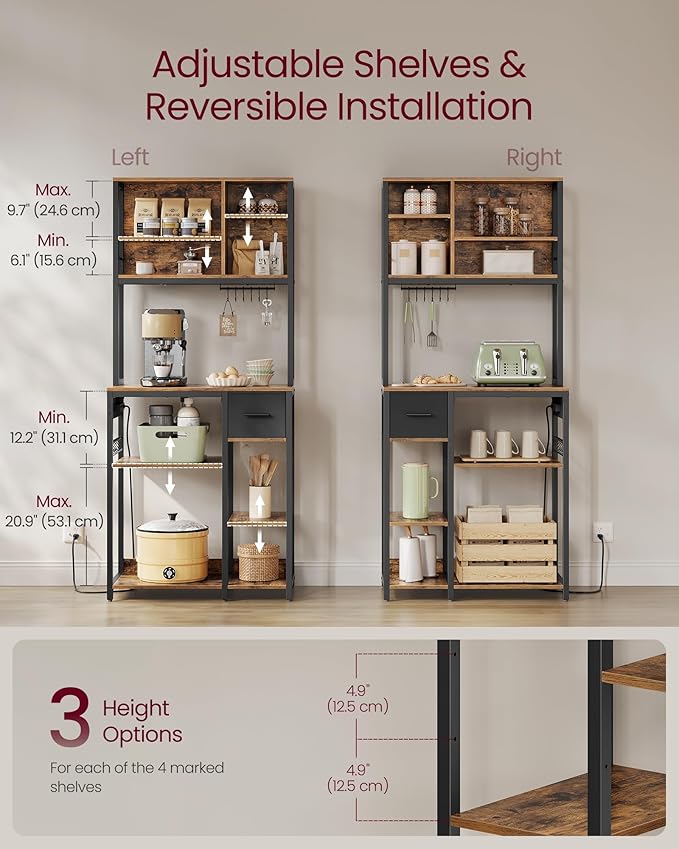 VASAGLE Bakers Rack with Charging Station, Coffee Bar with Adjustable Storage Shelves, Fabric Drawer, 12 Hooks, 15.7 x 31.5 x 71 Inches, Kitchen Microwave Stand, Rustic Brown and Ink Black UKKS015K01