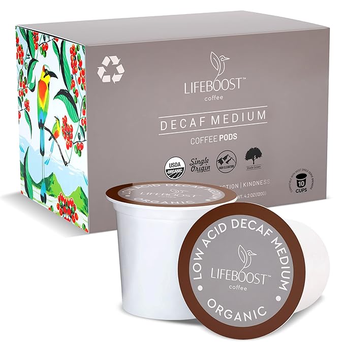 Lifeboost Organic Decaf Coffee K Cups - Low Acid Single Origin Non-GMO Mold Free Decaf Coffee Pods Compatible with Keurig & Keurig 2 - No Mycotoxins or Pesticides - 10 Count