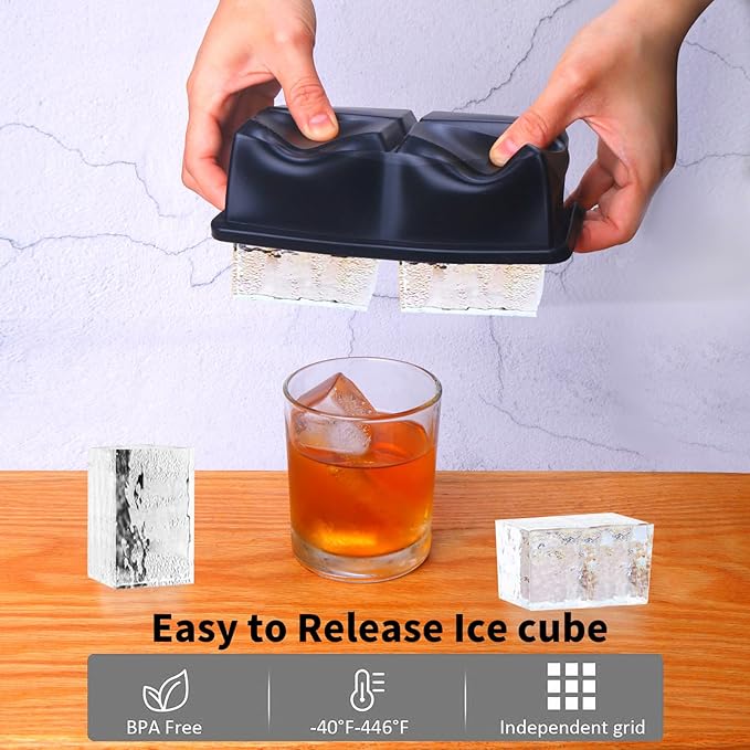 Large Ice Cube Trays for Whiskey: BECOKIT Big Silicone Ice Cube Trays - 3 * 2Inch Square Ice Cubed Tray for Bourbon Whisky and Cocktail - 2Pack Giant Silicon Ice Cube Tray (Black 2 Tray)