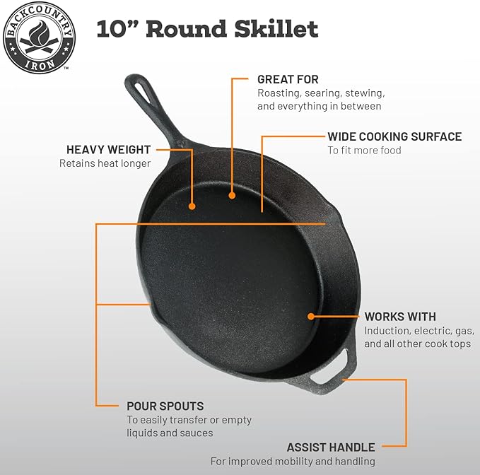 Backcountry Iron 12 Inch Round Large Pre-Seasoned Cast Iron Skillet