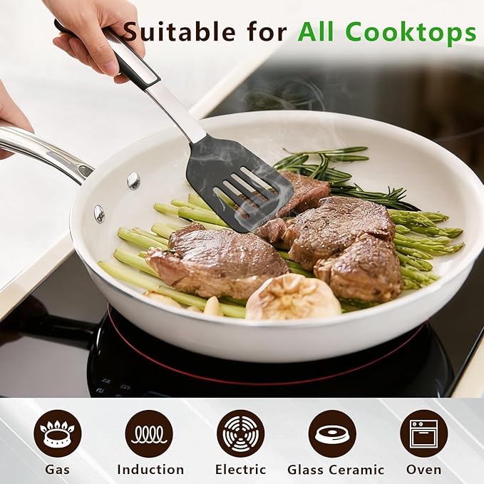 8" Ceramic Frying Pan Nonstick, Small Skillet, Cooking Pan Non Toxic with Stay Cool Handle for Induction, Chef's Pan, PTFE & PFAS & PFOA Free, Dishwasher/Oven Safe, White