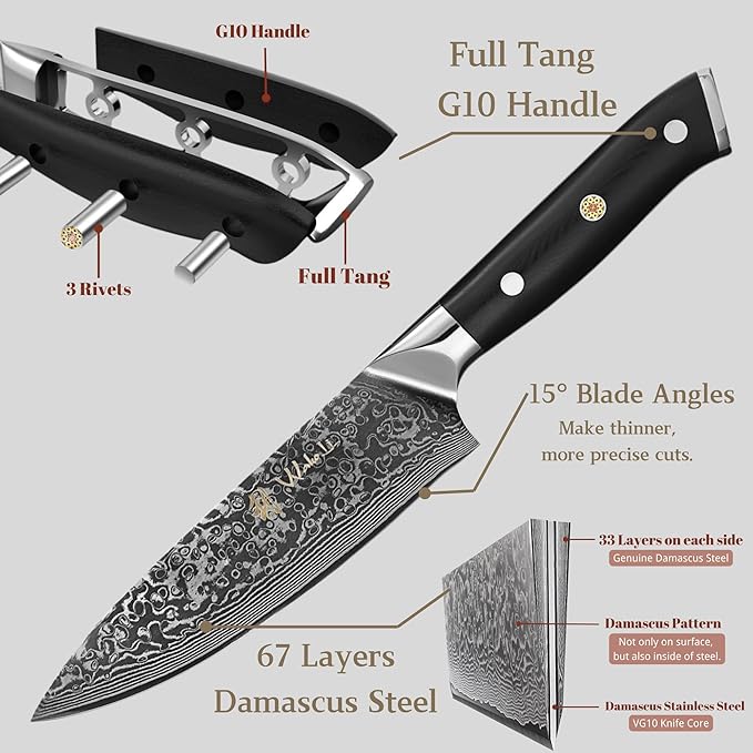 Wakoli Knife Block Sets – 5-Piece Professional Damascus Kitchen Knife Set with Magnetic Block | G10 Handles & VG10 Core | Gift Box (Elite Cuisine)