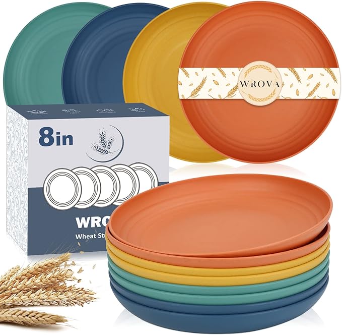 Wrova Wheat Straw Plates - 8 Inch Unbreakable Dinner Plates Set of 8 - Dishwasher & Microwave Safe Plastic Plates Reusable - Lightweight Plate for kitchen,R.V. (Colorful Series)