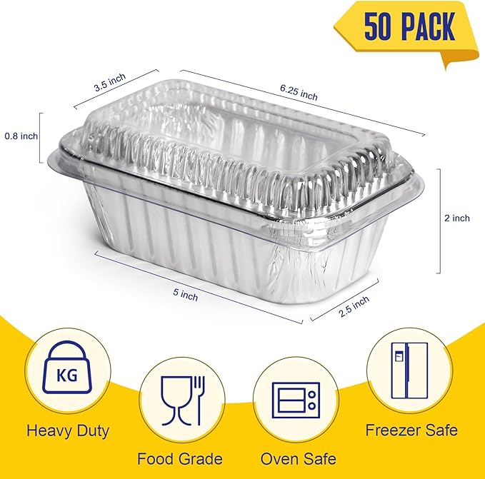 Small Aluminum Pans with Lids, 50 Pack Disposable Aluminum Loaf Pans 6x3.5x2 Inch, Thick Foil Pans Cookware for Baking Cakes, Bread, Meatloaf, Mini