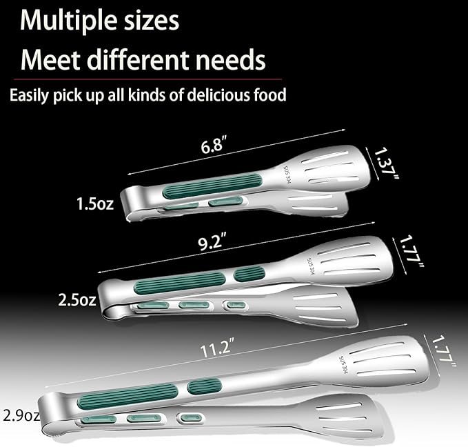 Stainless Steel Kitchen Tong Set - Anti-Slip Heat-Resistant Grip, Widened 3-Line Slotted Heads for Easy Clamping (Steaks, BBQ, Pasta, Salads), Easy Clean for Versatile Use Set of 3-6" 9" 11", Green