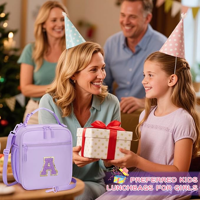 Initial Insulated Lunch Bag for Girls Kids, Back to School Gift, Reusable Leak-proof Lunch Box with Adjustable Strap for School Daycare Travel Picnic (Purple,A)