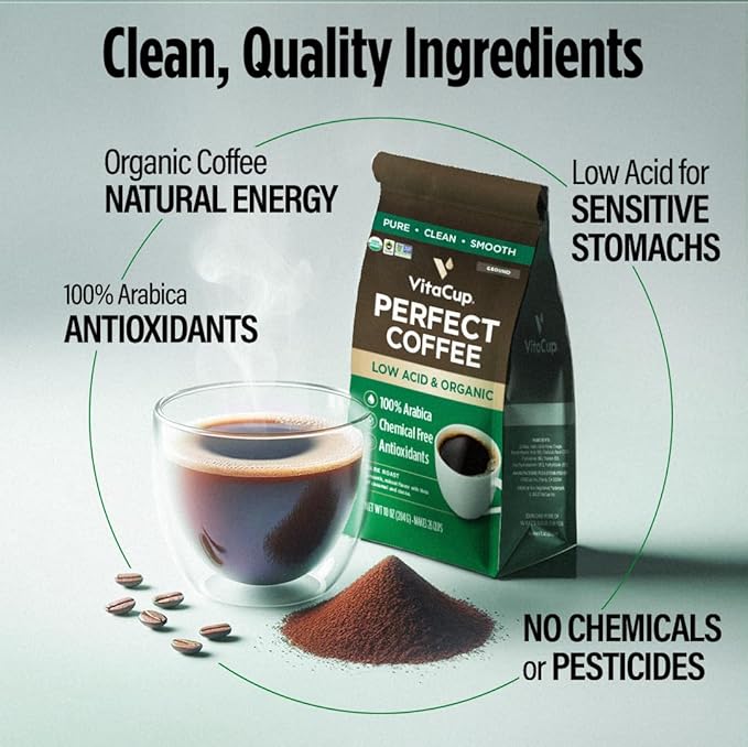 VitaCup Perfect Low Acid Coffee Beans, USDA Organic & Fair Trade, Mycotoxin Free, Dark Roast Guatemala Single Origin, Clean & Pure, Low Acidity, Whole Bean Coffee, 6 bags, 11oz each