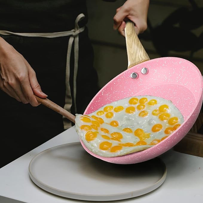 Frying Pan Nonstick, 11 Inch Pink Egg Pan, Non Stick Fry Pan 100% PTFE PFOA-Free Omelet Pan, Toxin-Free Skillets Stone Cookware, Anti-Warp Base with All Stove Tops Available, Induction Compatible