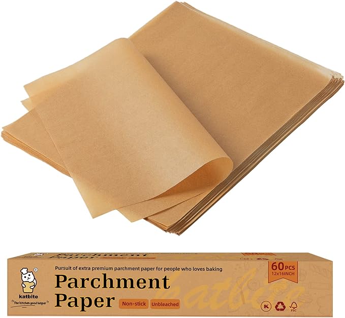Katbite 12x16 Inch Parchment Paper Sheets, Pre cut Unbleached Baking Paper, Heavy Duty & Non-stick for Half Sheet Baking, Cooking, Grilling Wrapping Foods