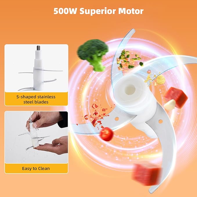 Food Processor,Electric Food Chopper with 500W Stainless Steel Motor & 2 Sharp Blade Sets, 12-Cup Stainless Steel Bowl for Meat, Vegetables, Fruits and Nuts