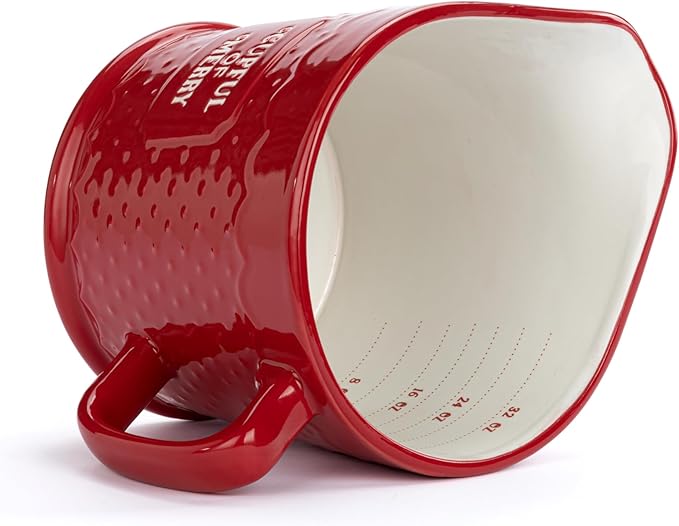 DEMDACO Baking Holiday Memories Rosy Red, White 32 Ounce, 6 x 5 Inch Ceramic Stoneware Festive Christmas Kitchen Countertop Accessory Décor, Polka Dots, Pouring Measuring Cup, Cupful of Merry