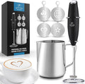 Zulay Kitchen Premium Gift Milk Frother Complete Set - Handheld Foam Maker, Stencils & Frothing Pitcher Set - Whisk Drink Mixer for Coffee - Mini Blender for Cappuccino, Frappe - Black