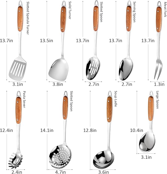 304 Stainless Steel Cooking Utensils Set,9PCS Metal Kitchen Utensils Set with Wooden Handle,Solid Spoon,Spatula,Ladle,Skimmer,Spaghetti Spoon,Dishwasher Safe