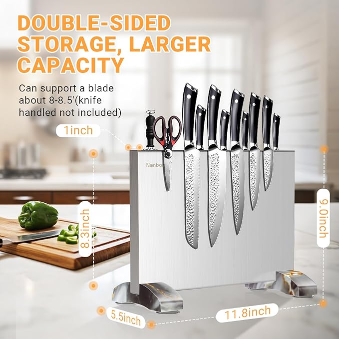 Magnetic Knife Block Without Knives, Stainless Steel Magnetic Knife Holder Stand with Strong Knife Magnet, Double-Sided Knife Magnetic Strip Knifes Storage Organizer for Kitchen Counter Top