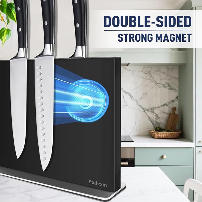 Magnetic Knife Block Without Knives—Black Stainless Steel Double-Sided Magnetic Knife Holder Stand with Strong Magnets, Knife Storage Organizer for Kitchen Counter top