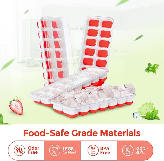 DOQAUS Ice Cube Trays 4 Pack, 56 pcs Silicone Ice Cubes Tray Maker with Spill-Resistant Removable Lid, Easy Release & Pop out, LFGB and BPA Free, Stackable Flexible, for Baby Food, Cocktail, Coffee