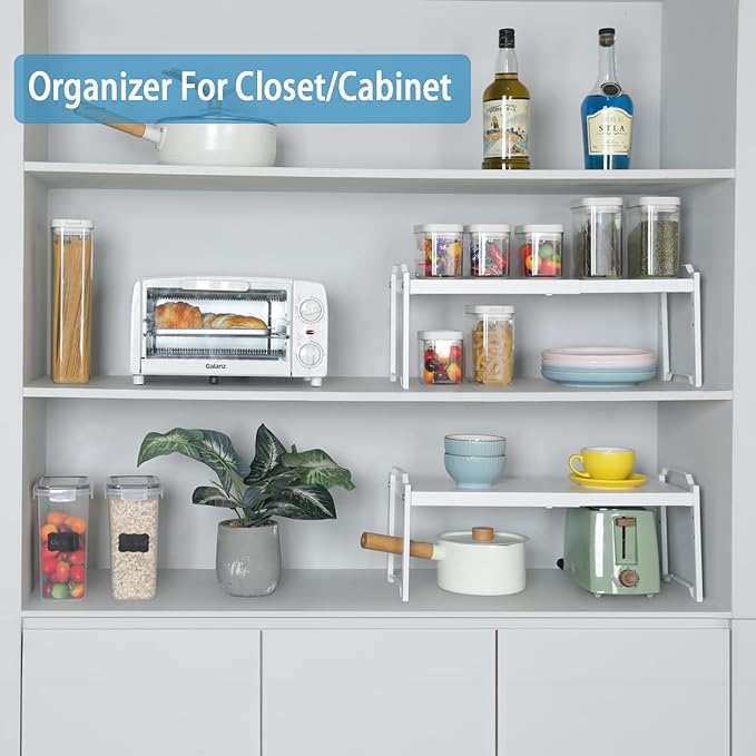 2 Pack Expandable Kitchen Cabinet Shelves Organizers, Stackable Adjustable Small Storage Shelf Rack Stand Riser for Pantry Cabinet Cupboard Kitchen Counter Organization, 22 lbs Capacity, Length:20.5"