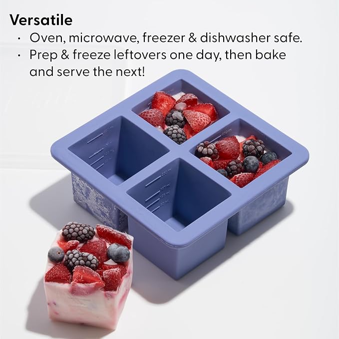 W&P Cup Cubes Silicone Freezer Tray with Lid, Charcoal, Makes 4 Perfect 1-Cup Portions, Freeze & Store Soup, Broth, Sauce, Leftovers, Dishwasher Safe, 4-Cup