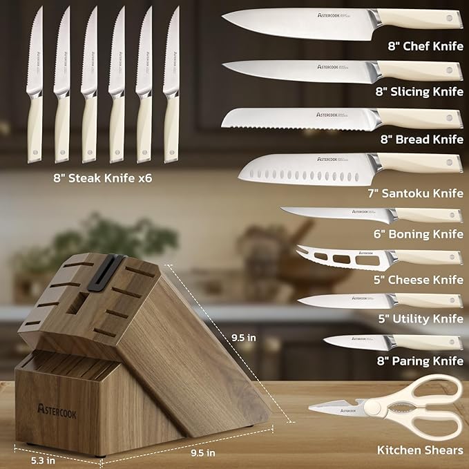 Astercook Knife Set Kitchen with Block and Sharpener Premium Full Tang 17 Pcs German Stainless Steel Knives Dishwasher Safe Kitchen Utensils Set with with and Anti-slip Ergonomic Handle, Cream White