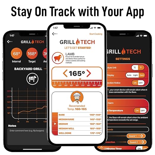 Grill Tech Wireless Meat Thermometer Digital – Bluetooth Smart Food Thermometer, Perfectly Cook Your Steak, Chicken, Brisket And More, 950ft Range, USB-C Rechargeable Case & GrillTech App for Grilling