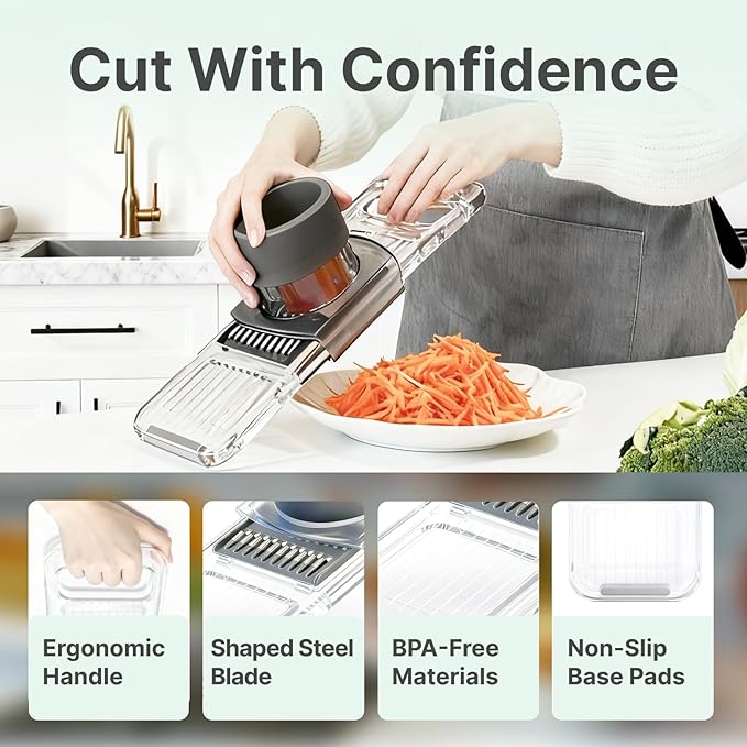 Multifunctional Handheld Mandoline Slicer for Kitchen – Sharp Vegetable Cutter with Safety Guard, 6‑in‑1 Cucumber Slicer & Grater, Crystal-Clear One-Piece Body, Easy to Clean, Sturdy & Compact