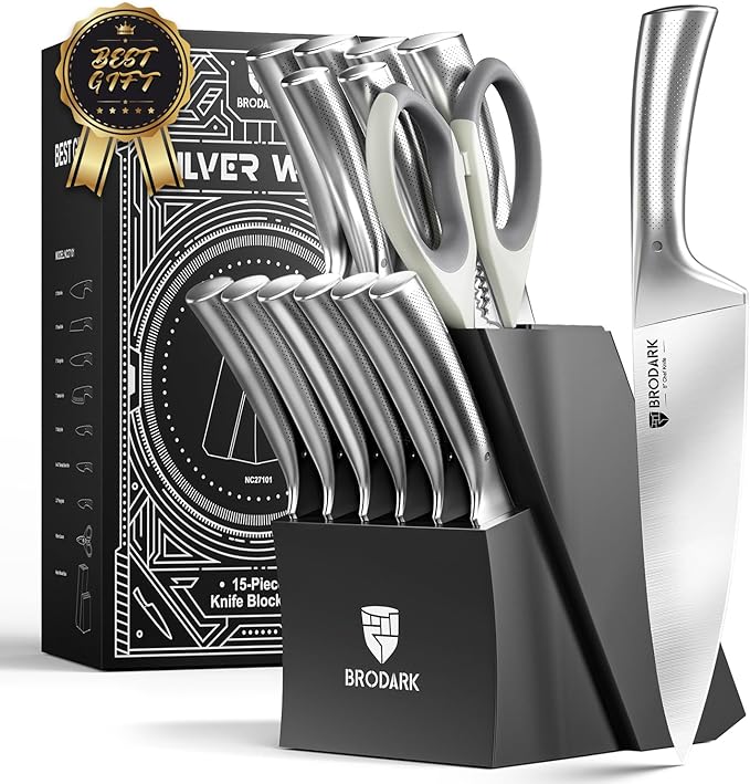 BRODARK Knife Block Set: Kitchen Knives Set with Block and Sharpener, 15 Pcs Ultra Sharp Chef knife, High Carbon Stainless Steel, Ergonomic Handle Non-Slip Grip, Silver Wolf Series for Christmas Gift