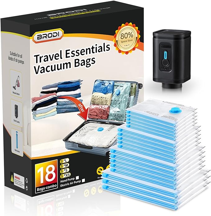 BRODI 18 Combo Pack Travel Vacuum Bags with Pump - Space Saver & Travel Essentials, Clothing & Luggage Vacuum Seal Bags