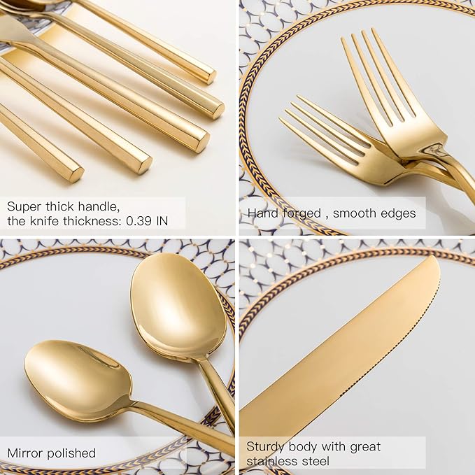 Gold Silverware Set Flatware Set Stainless Steel Cutlery Set 40 Pieces Hexagon Handle Home Kitchen Daily Use Service for 8