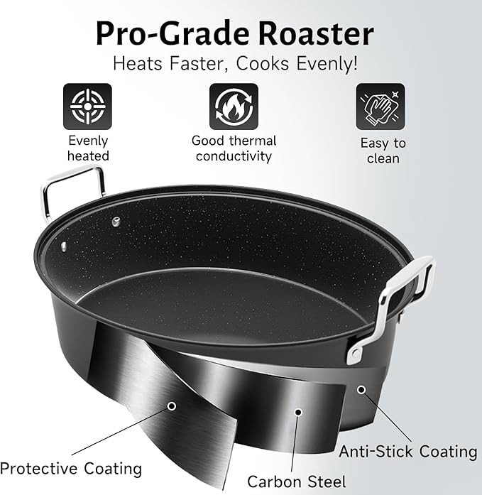 32L Large Oval Roaster Pan, Carbon Steel Roasting Pan with Rack and Lid for Thanksgiving Christmas Party, Turkey Roaster Pan for Chicken Beef Max Load 25 Lbs