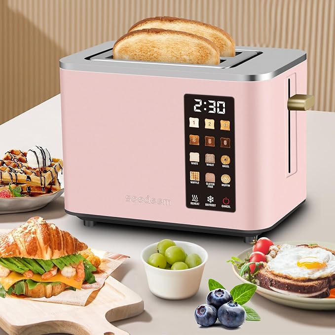 SEEDEEM Toaster 2 Slice, Touch Control Screen, Smart Stainless Toaster, 6 Shade Setting, 6 Bread Selection, Countdown, Removable Crumb Tray, 900W, Peach Pink