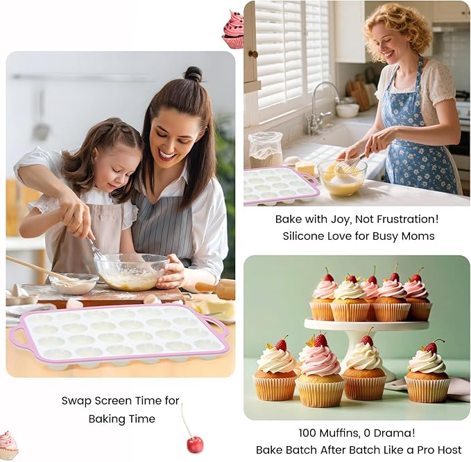 Silicone Mini Muffin Pan With Metal Reinforced Frame - 24 Cups Durable Silicone Cupcake Pan for Muffin, Cupcakes, BPA Free and Dishwasher Safe - 2 Piece Pink