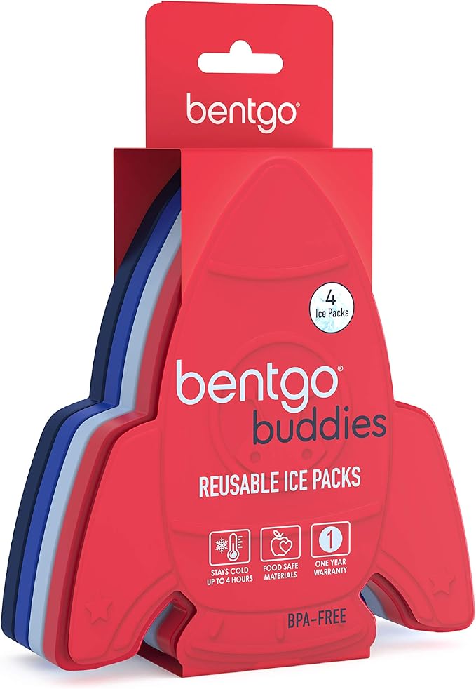 Bentgo Buddies Reusable Ice Packs - Slim Ice Packs for Lunch Boxes, Lunch Bags, and Coolers - Multicolored 4-Pack (Rocket)