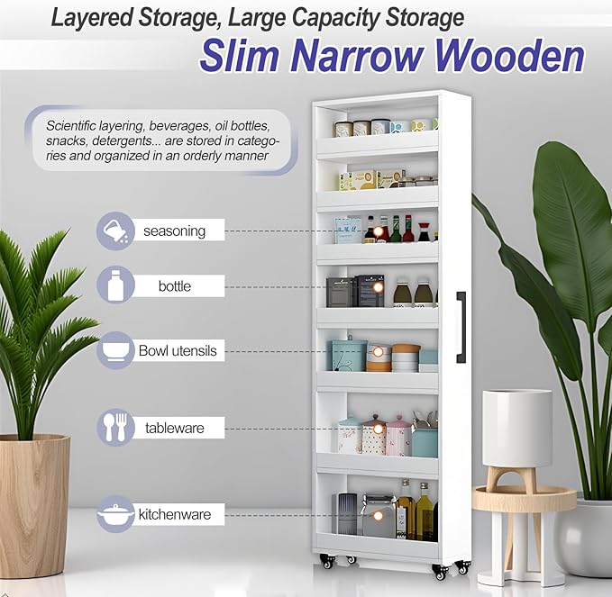 7-Tier Slim Storage Cart, Wooden Rolling Pantry Cabinet with Wheels, Narrow Shelf Organizer for Kitchen, Bakers Rack, Dining Room, Closet, Small Spaces Warm White 73.2''H*5.9''W*23.6''D