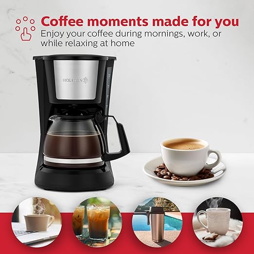 Holstein Housewares 5 Cup Drip Coffee Maker – Compact and User-Friendly with Auto Pause & Serve, Reusable Filter, Measuring Spoon & Glass Carafe, Office & Dorm Use, Black