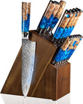 SENKEN 15-Piece Damascus Knife Block Set - "Tsunami" Collection Japanese Chef Knife Set - 67-Layer Japanese VG10 Steel Blades, Includes Chef Knife, Cleaver, 6 Steak Knives (15-Piece Knife Block Set)