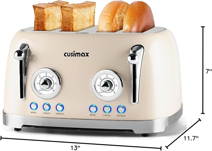 CUSIMAX Toaster 4 Slice, Retro Toaster with Wide Slots for Bagels, Stainless Steel toaster with 6 Toast Settings, Bagel, Cancel, Defrost & Reheat Functions, Dual Independent Control Panels, Cream
